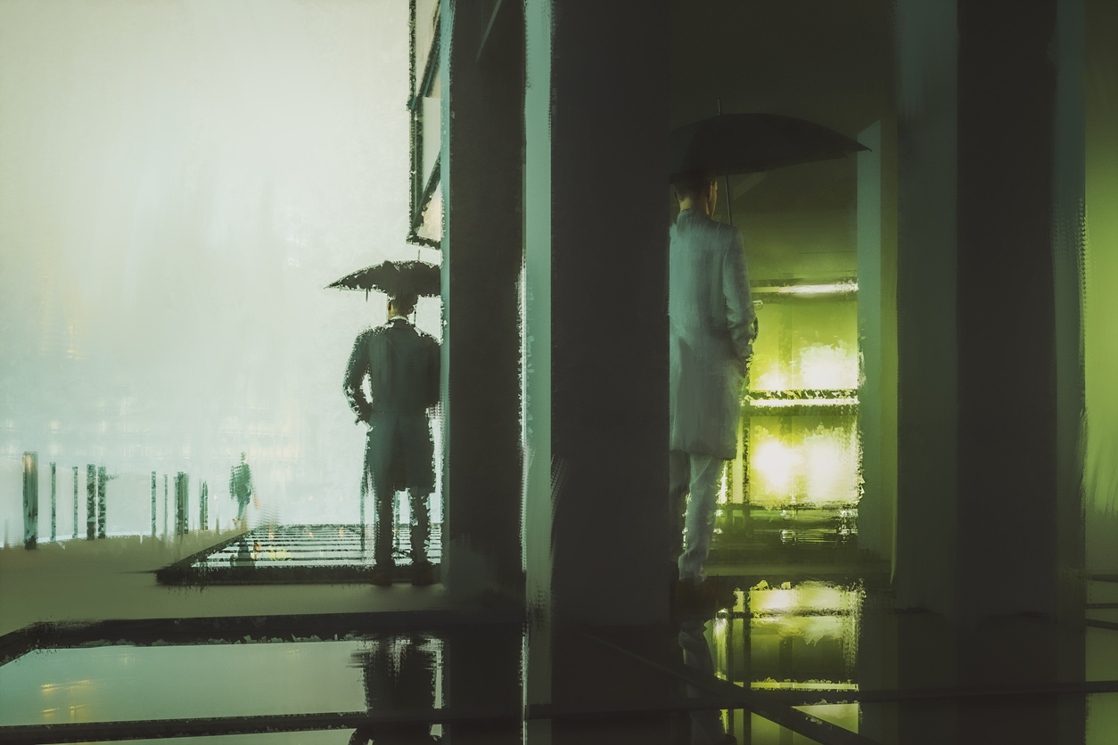 Sad lonely men in futuristic city
